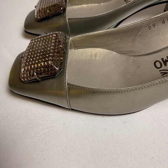 Ferragamo | Size 8 | Metallic Grey (Gunmetal) Megan Block Heeled Pumps - Picture 5 of 12